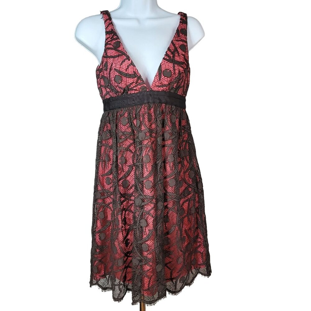 Milly NY Cocktail Dress Pink Brown Size 2 Sleeveless V Neck Zip Knee Length Lace